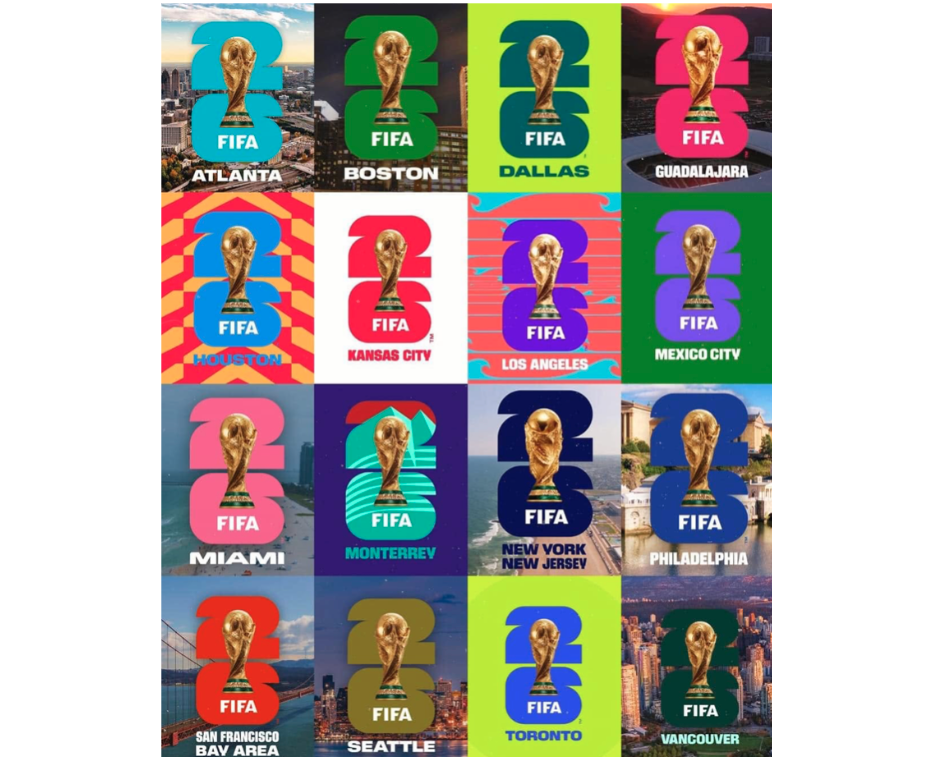 World Cup logo as featured in different host cities based on local imagery