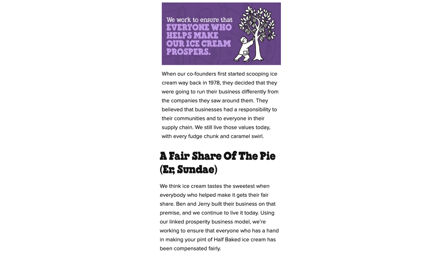 Ben & Jerry’s discuss their core business values and desire to make sure everyone who makes their ice cream prospers.