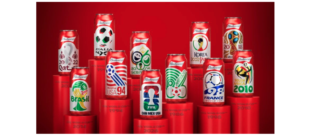 A selection of the unique can designs, labelled by year, sit against a red backdrop. 