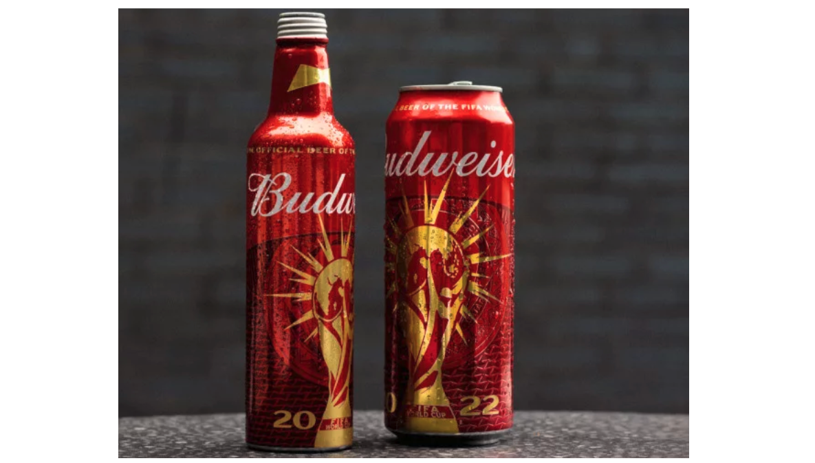 Budweiser limited-edition red and gold packaging for 2022 World Cup.