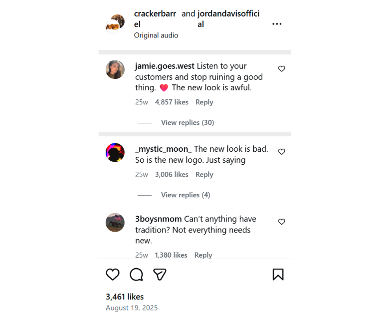 Social media reactions to Cracker Barrel's 2025 logo change in comments