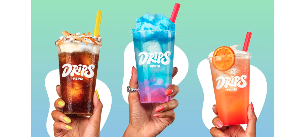 Three dirty sodas from Pepsi x Drips sit next to one another. 