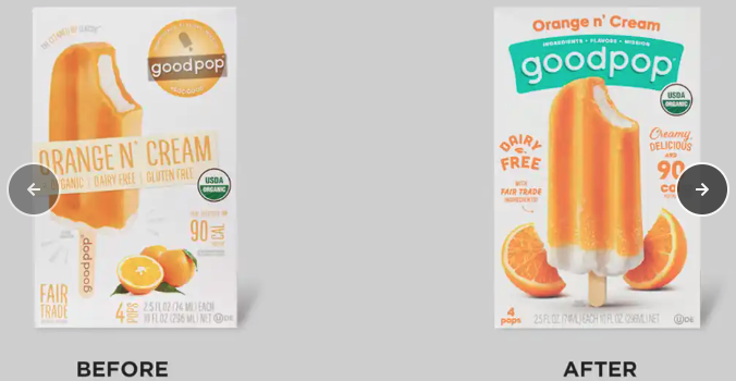  Before and after images of Good Pops packaging with better imagery and color pops