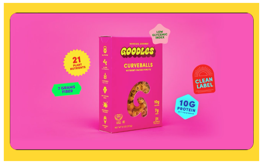 Box of Goodles Curveballs in fuchsia box, behind a pink backdrop that includes mini labels on the product’s benefits. 