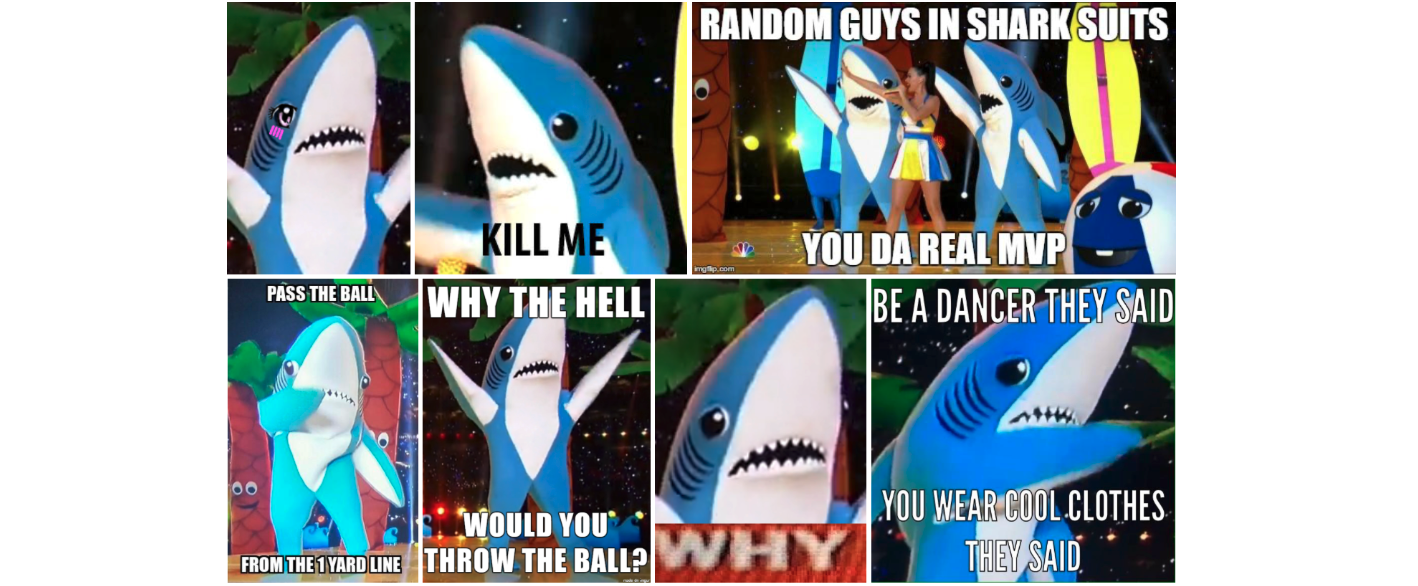 Line up of uncoordinated dancing shark memes