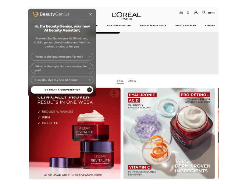 A screenshot of L’Oreal’s website, showing a chatbot box, and advertisements for L’Oreal Revitalift, a moisturizer. 