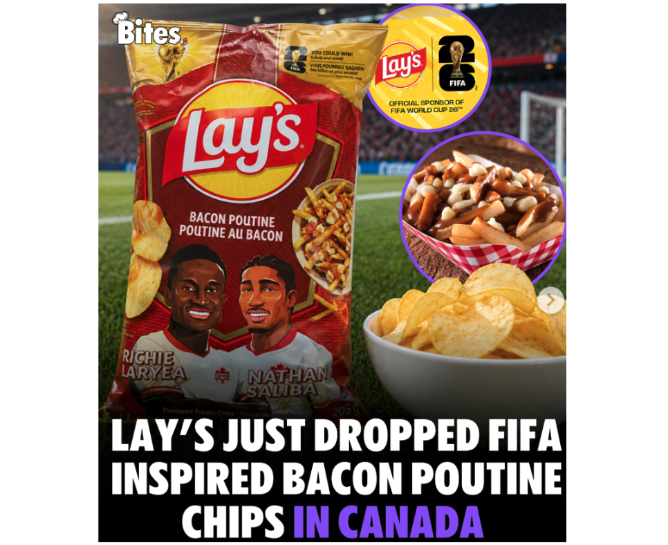 Lay’s Bacon Poutine-flavored crisps show players on package. 