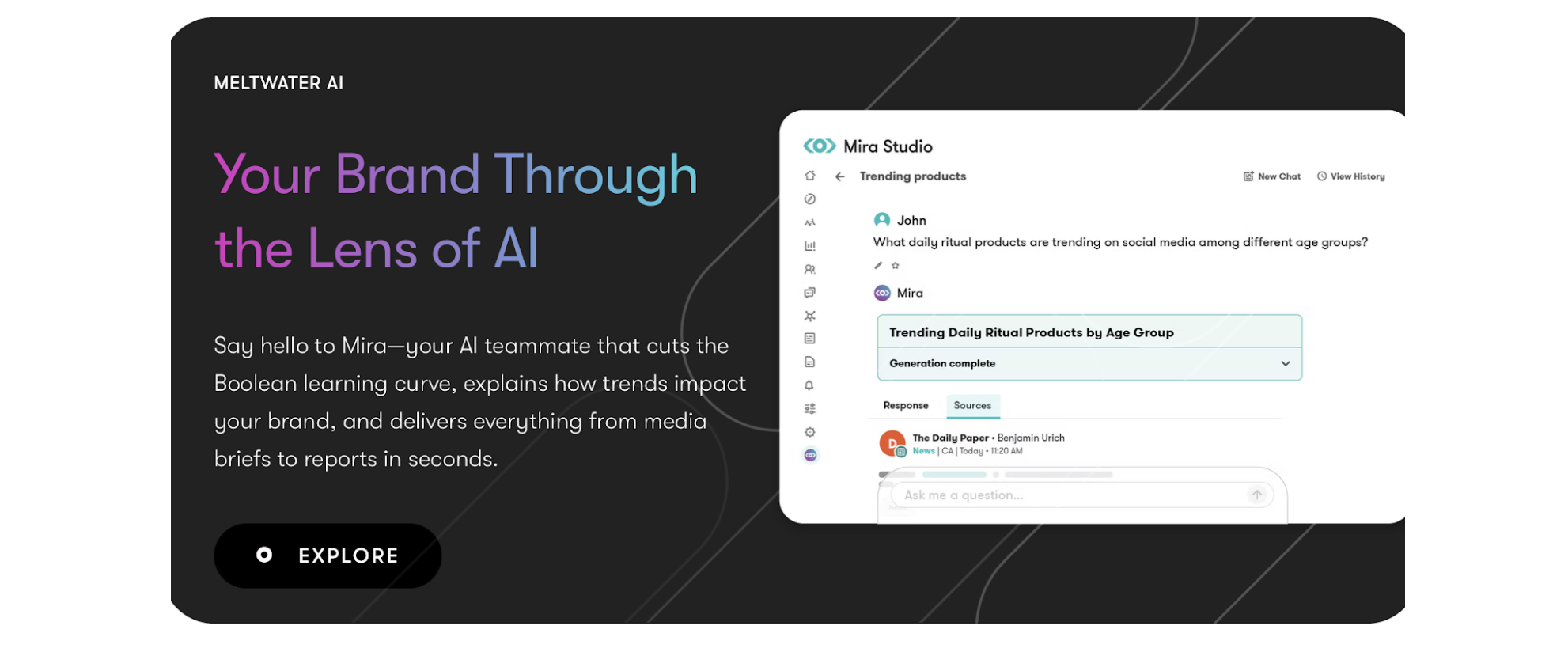  a black rectangle with the words “Meltwater AI, Your Brand Through the Lens of AI” at the top, with a white rectangle overlapping on the right that shows what Meltwater’s interface looks like