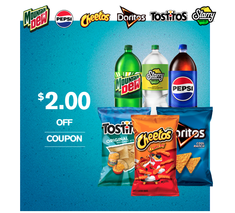 Image of a coupon for $2 off a variety of Pepsico products
