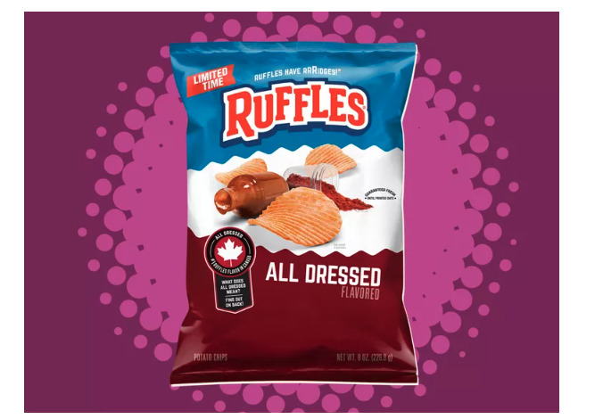 Ruffles chip bag in the all dressed flavor on a purple background with light purple circles