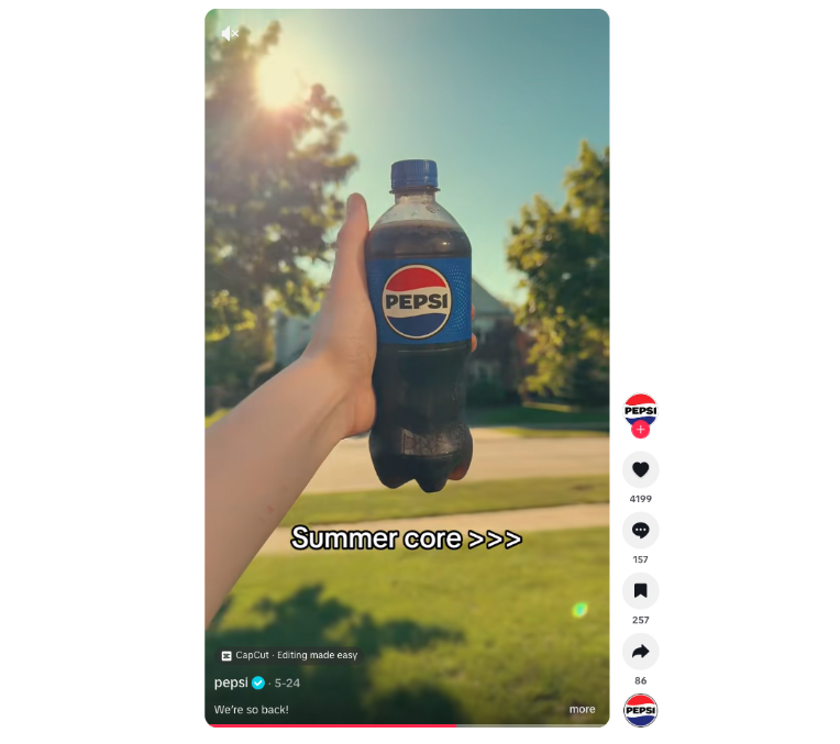 Repost on PepsiCo’s TikTok account of a pepsi bottle in the summer light with the words “summer core” for their #PepsiSummer campaign 