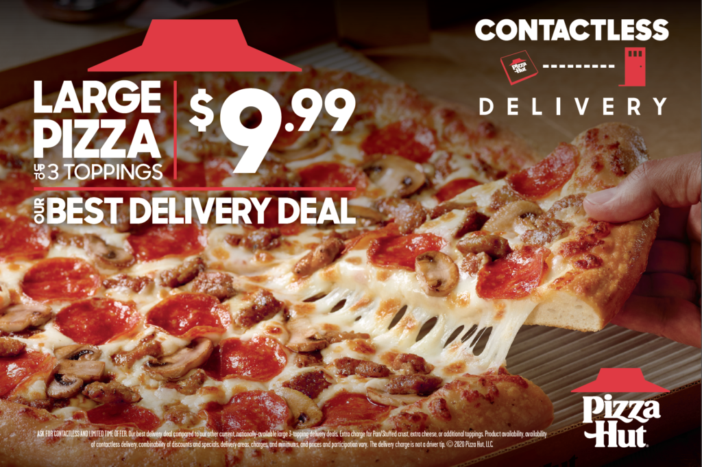 Pizza Hut contactless delivery promo with close up shot of a large cheese, pepperoni and mushroom pizza