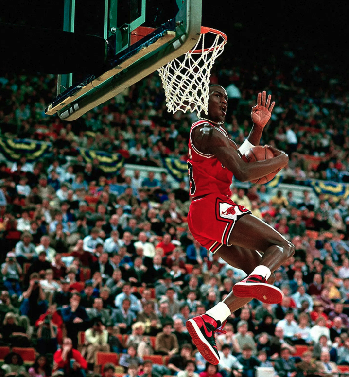 brand spokesperson Michael Jordan wears Nike AJI Black/Red in Indianapolis on February 9, 1985 
