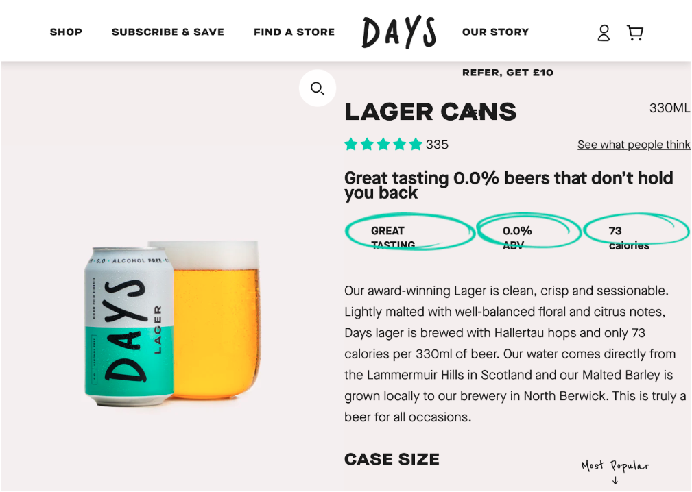 alcohol-free Days Lager landing page in which the drinks are presented by marketers as tasting great and low in calories