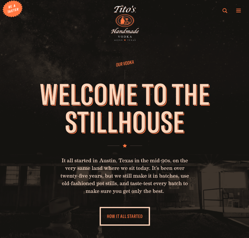 Tito’s homepage welcomes visitors to the “Stillhouse.”
