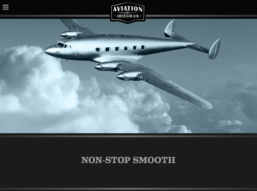 Aviation Gin’s homepage shows playful copy including “non-stop smooth.”