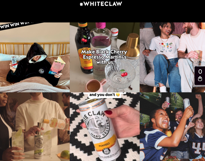 White Claw homepage shows the brand’s Instagram feed and hashtag.