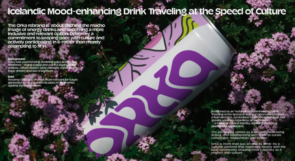 Image shows ad with can with quirky purple font placed in a field with purple flowers. 
