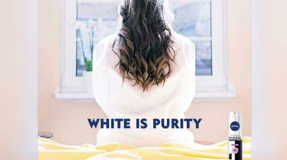 Nivea’s “White Is Purity” campaign with woman sitting in white robe 