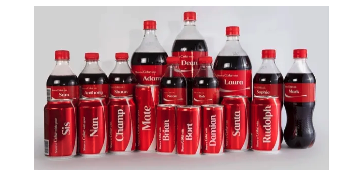 a group of Coca-Cola bottles in different sizes, printed with different names like Mark, Brian, Bort, Rudolph, and others