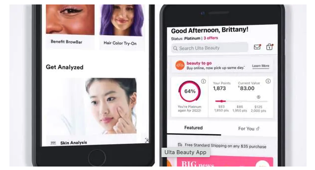 Ulta online app dashboard with personalized greeting for user named Brittany