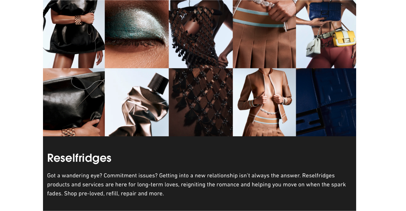 Selfridges’ Reselfridges program description with collage of clothes