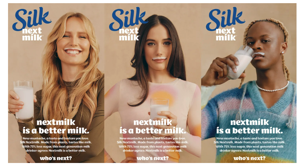 Three celebrities with “Silk mustaches,” and glasses of plant milk underneath, “Silk next milk.” 