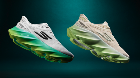 image of a pair of Skechers AERO Burst sneaker on a blue and black gradient background in a white and green color