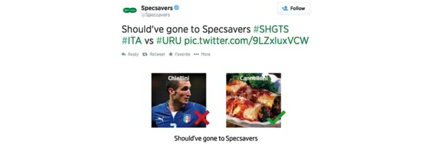Specsavers sits photos of Chiellini and cannelloni side by side and shares their famous tagline above. 