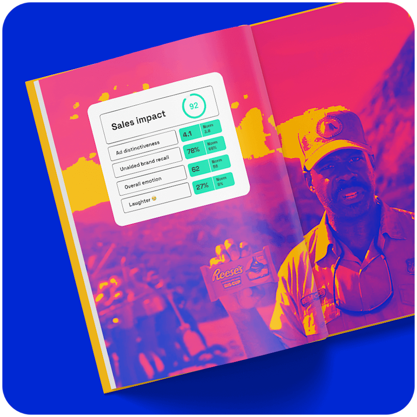 a blue square with the image of an open book, with one page that reads “Sales Impact 92, Ad distinctiveness, 4.1, Unaided brand recall 78%, Overall emotion 62, Laughter 27%” and the other page has an image of a black man with a mustache and a ball cap holding a package of Reese’s Big Cup candy. 