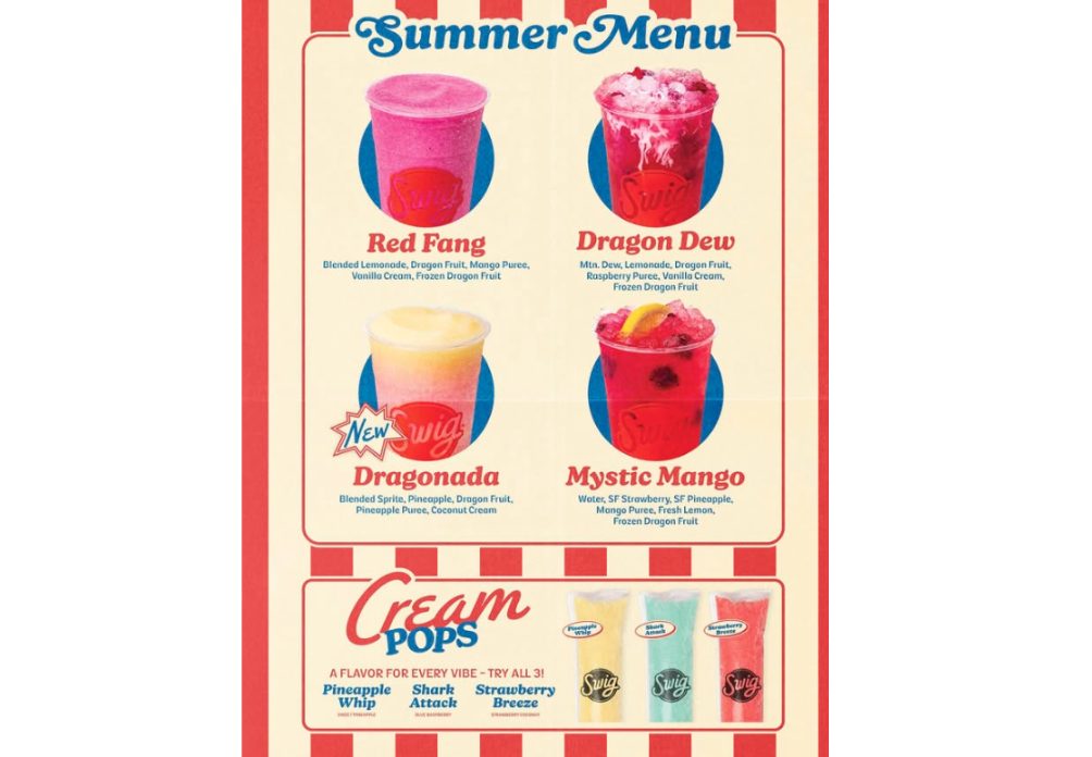 Swig’s 2025 Summer Menu features a series of red and pink drinks based on dragon fruit. 