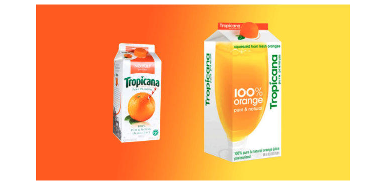 an orange/yellow rectangle with two cartons of orange juice, on the left the famous Tropicana logo, an orange with a red and white straw; on the right the disastrous rebrand with a transparent glass filled with orange juice