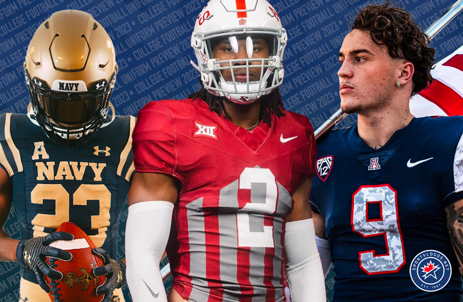 Image showing brand promos on three different college football uniforms
