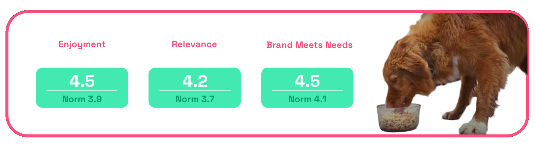 Chart showing viewers enjoyment, relevance and brand meets needs scores after watching The Farmer's Dog The Jump ad