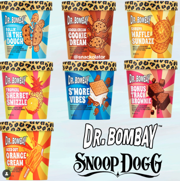 happi ice cream x snoop dog line of 7 ice cream cartons on light blue background  