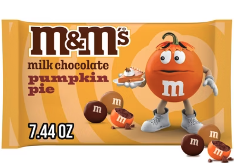 Image of M&Ms limited edition pumpkin pie candy bag on a white background