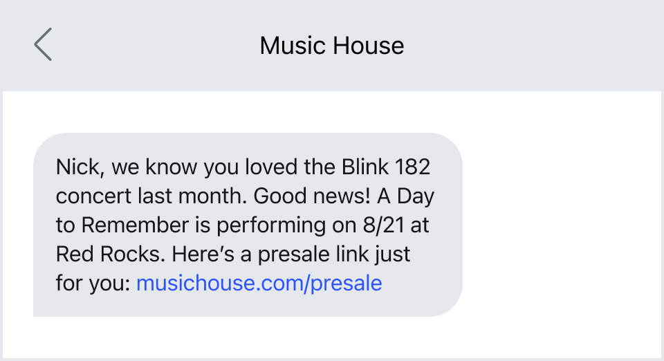 personalized text message screenshot based on prior concert ticket purchase 