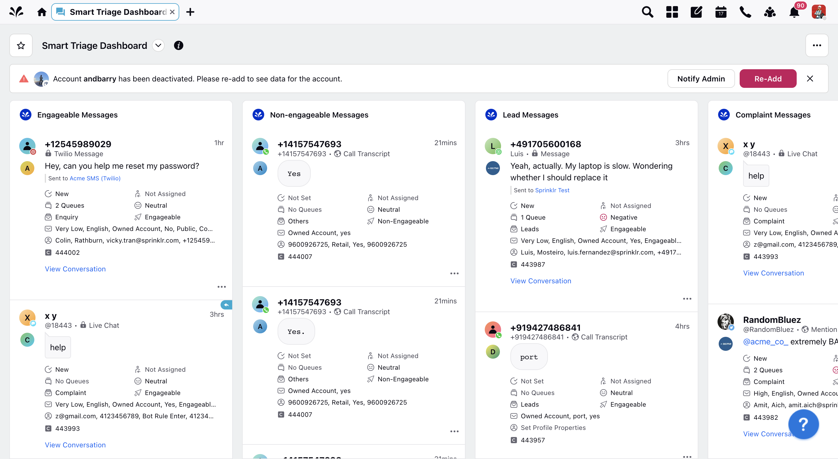 Sprinklr dashboard showing social monitoring interface
